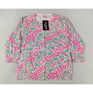 L.L. Bean Cardigan Sweater Womens XL Pink Lobster Print 3/4 Sleeve Button Front